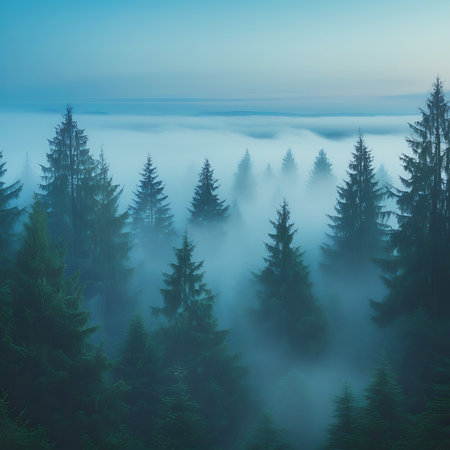 Tall evergreen trees stand shrouded in a dense, ethereal mist as dawn breaks. The fog creates a soft, diffused light, obscuring the distant landscape and giving the forest a mysterious and tranquil atmosphere. The cool blue and green tones dominate the scene.の素材