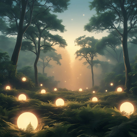 A mystical forest floor is illuminated by numerous glowing, spherical orbs scattered amongst lush moss and ferns. Tall trees with dense foliage frame the scene, and a soft, golden light emanates from the background, creating an enchanted and dreamlike atmosphere.の素材
