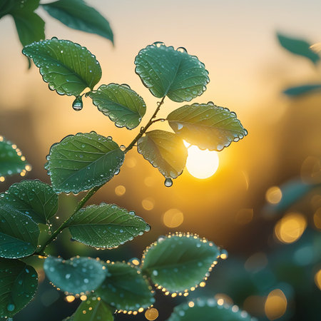 Close-up view of vibrant green leaves covered in numerous sparkling dewdrops. The sun is rising in the background, casting a warm golden glow and creating a soft bokeh effect. The water droplets cling to the edges and surfaces of the leaves, reflecting the light and adding a sense of freshness and natural beauty.の素材