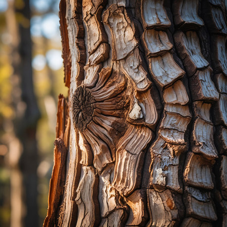 A macro, close-up view of the textured surface of a tree trunk. The bark is rough and weathered, with deep grooves and ridges. A prominent knot or burl is visible on the left side, showing a swirling pattern of wood grain. The lighting highlights the intricate details and natural patterns of the bark.の素材