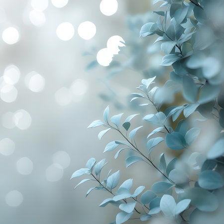 Atmosphere. showing ethereal blue leaves and soft bokeh lights description: this image showcases delicate pale blue leaves on thin branches, rendered in soft focus. the background is filled with luminous, circular bokeh lights, creating a dreamy and ethereal atmosphere. the cool color palette and gentle lighting evoke a sense of tranquility and serenity. category: nature. High resolution image suitable for commercial use.の素材