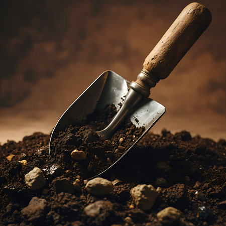 This image features a garden trowel with a wooden handle, filled with dark, rich soil and small rocks. The trowel is positioned over a pile of similar soil, with visible stones and pebbles scattered around. The background is a soft, warm brown, highlighting the texture and detail of the soil and the tool.の素材