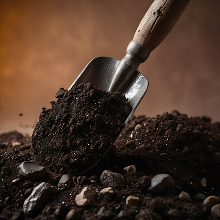 A close-up shot focuses on a metal garden trowel with a wooden handle scooping a pile of dark, rich soil. Small stones and pebbles are mixed within the soil, highlighting its texture. The background is a warm, blurred brown, emphasizing the earthy tones of the gardening tool and the soil.の素材