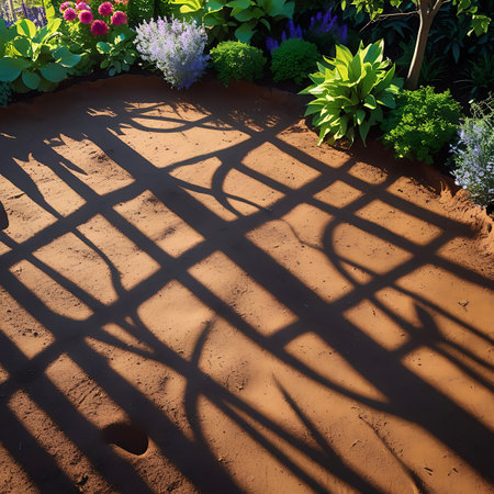 Natural showing garden pathway with lattice shadows and lush greenery keywords: garden, pathway, dirt, soil, ground, shadows, light, pattern, lattice, trellis, fence, sunlight, dappled, shade, plants, greenery, leaves, flowers, bushes, foliage, outdoor, nature, summer, spring, garden design, landscaping, backyard, serene, peaceful, organic, earth, brown, green, sunlight, natural light, overhead view, top down view, garden bed, ornamental plants, horticulture, botany, growth, cultivation,...の素材
