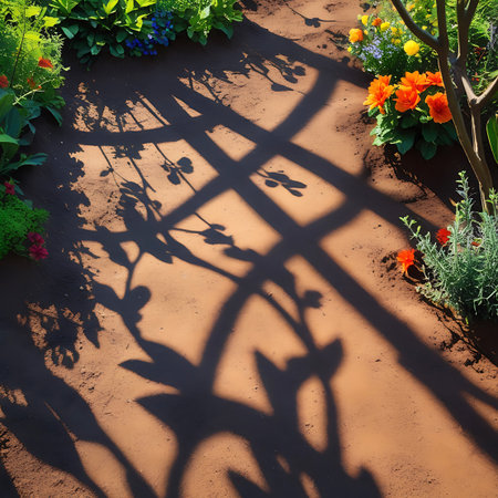 Cast showing garden trail with grid shadows and colorful blooming plants keywords: garden, pathway, dirt, soil, ground, shadows, light, pattern, grid, trellis, fence, sunlight, dappled, shade, plants, greenery, leaves, flowers, bushes, foliage, outdoor, nature, summer, spring, garden design, landscaping, backyard, serene, peaceful, organic, earth, brown, green, sunlight, natural light, overhead view, top down view, garden bed, ornamental plants, horticulture, botany, growth, cultivation,...の素材