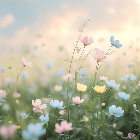A picturesque scene of a field filled with cosmos flowers bathed in gentle sunlight. The delicate blooms in soft pink, blue, and yellow hues are the focus, with a blurred background that enhances their ethereal beauty. The overall impression is one of tranquility and natural splendor.の素材