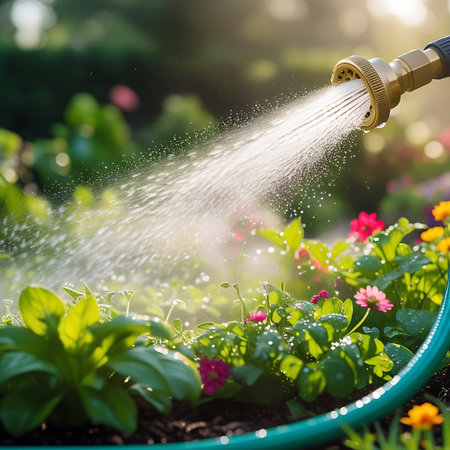 A garden hose nozzle, connected to a green hose, sprays water over a vibrant garden bed. The focus is on the water spray and the lush green plants interspersed with bright pink and yellow flowers. Sunlight creates a warm glow and a blurred background with bokeh.の素材