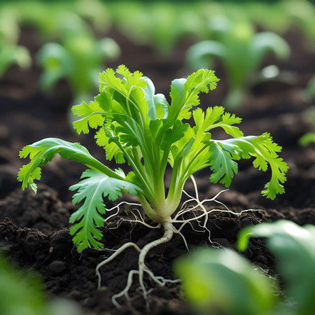 A healthy parsley plant is centered in the frame, its lush green, finely divided leaves creating a full canopy. The plant's robust white root system is prominently displayed, spreading outwards from the base into the dark soil. The background is softly blurred, showing more plants in a garden or field setting, emphasizing the plant's growth.の素材