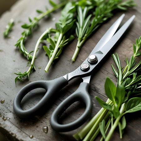 Kitchen shears with grey handles are positioned on a weathered wooden surface, surrounded by fresh sprigs of rosemary and oregano. Small water droplets are scattered across the leaves and the wood, adding a touch of freshness. The lighting is soft and natural, emphasizing the details of the herbs and the textured wood.の素材