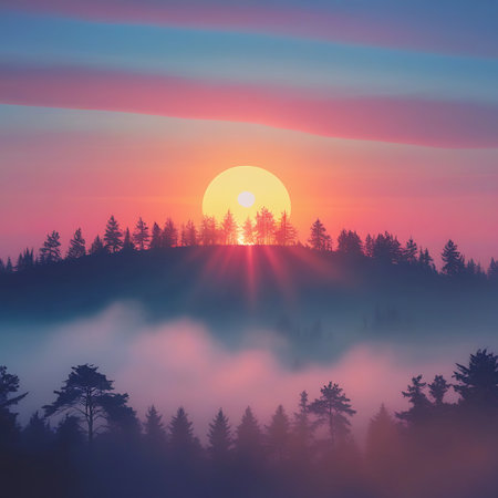 A large, bright sun is setting behind a silhouetted forest, casting a warm, colorful glow across the sky. Pastel pink, blue, and red stripes adorn the clouds. Layers of mist drift through the trees, creating a soft, atmospheric effect. The scene is serene and captures the beauty of twilight in a natural landscape.の素材