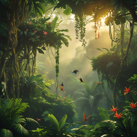 A vibrant and lush jungle scene filled with dense foliage, hanging vines, and exotic flowers. Sunlight streams through the canopy, creating a warm, atmospheric glow. Several colorful birds, including macaws and parrots, are captured in mid-flight, adding a dynamic element to the serene environment. The scene is rich with tropical plant life and hints at a thriving ecosystem.の素材