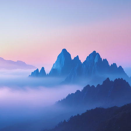 A dramatic landscape featuring sharp, jagged blue mountain peaks rising from a thick layer of soft, ethereal purple mist. The sky above transitions from a pale pink at the horizon to a soft blue at the top. The scene evokes a sense of tranquility and vastness, with the mist obscuring the lower slopes and creating a layered, atmospheric effect.の素材