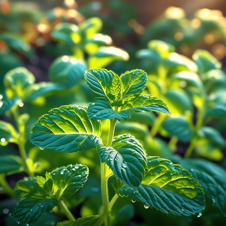 A detailed shot of a healthy mint plant, showcasing its bright green leaves covered in sparkling water droplets. The sunlight catches the edges of the leaves, creating a beautiful backlight effect. The background is softly out of focus, drawing attention to the intricate details of the herb.の素材