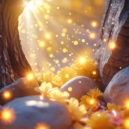 A close-up perspective of a sun-drenched forest floor, where golden sunbeams pierce through the canopy, illuminating the scene with a magical glow. Small yellow and pink flowers bloom amongst weathered stones and textured tree trunks. Numerous bright bokeh lights and shimmering particles create an ethereal and whimsical atmosphere.の素材
