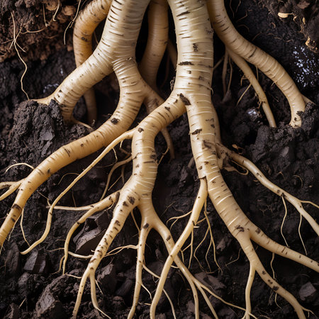 Earthy showing macro shot of thick, textured plant roots embedded in dark soil keywords: roots, plant, soil, earth, close-up, thick, textured, organic, growth, nature, underground, brown, white, detail, natural, agriculture, botany, life, system, structure, macro, garden, farm, digging, harvest, natural history, biology, root system, plant life, earthy, natural elements, natural beauty, intricate, detailed, dark soil, woody description: an extreme close-up shot focuses on the complex network...の素材