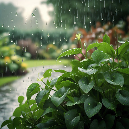Close-up view of vibrant green leaves covered in numerous water droplets, indicating recent rainfall. The background shows a blurred garden path and foliage, with streaks of rain falling. The overall scene evokes a sense of freshness and the revitalizing effect of rain on nature.の素材