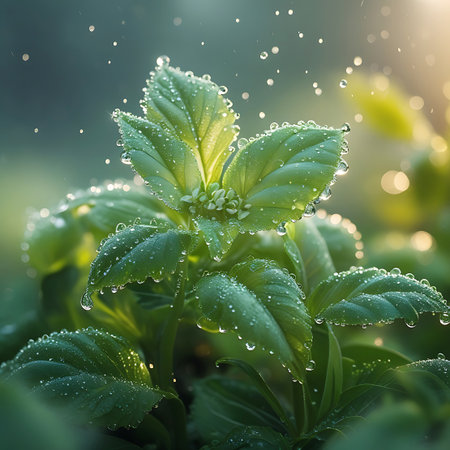 A close-up, macro view of a vibrant green plant with numerous fresh leaves. Tiny water droplets cling to the edges and surfaces of the leaves, glistening as they catch the soft, diffused sunlight. The background is blurred with bokeh lights, creating a serene and refreshing atmosphere.の素材