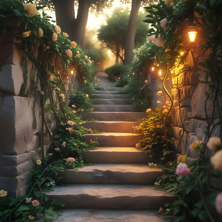 A stone staircase ascends through a magical garden, flanked by stone walls adorned with blooming roses and verdant vines. Small lanterns are strategically placed along the path, casting a warm, inviting glow as twilight descends, enhancing the romantic and whimsical ambiance.の素材