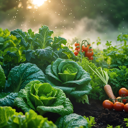 A close-up view of a vibrant vegetable garden bathed in soft sunlight. Dew drops glisten on the large, green leaves of lettuce and cabbage heads. In the background, cherry tomatoes on the vine and a single carrot with greens are visible. A gentle mist hangs in the air, catching the light and creating a dreamy atmosphere. The dark soil is rich and fertile, suggesting healthy growth.の素材