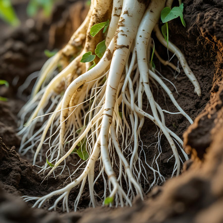Earthy showing detailed view of white plant roots spreading through dark soil keywords: roots, plant, soil, earth, close-up, white, spreading, organic, growth, nature, underground, texture, brown, detail, natural, agriculture, botany, life, system, structure, macro, garden, farm, digging, harvest, natural history, biology, root system, plant life, earthy, natural elements, natural beauty, intricate, detailed, green leaves, sprouts description: a close-up perspective of numerous white plant...の素材