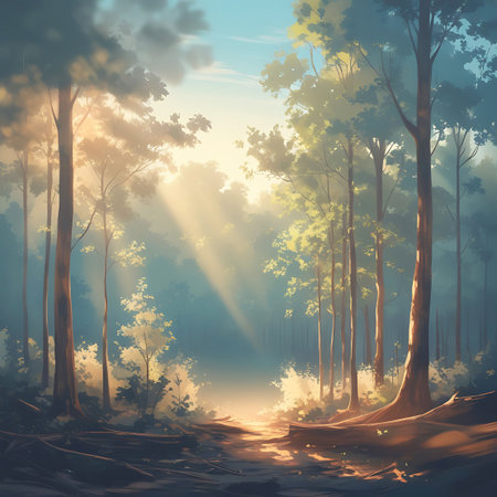 A tranquil forest clearing where golden sunbeams stream through the dense tree canopy. Tall, slender trees with vibrant green leaves surround the open space. The light creates a magical atmosphere, illuminating dust motes and highlighting the textures of the bark and foliage. The ground is a mix of dirt and roots.の素材