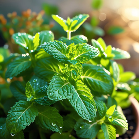 A close-up view of a vibrant green mint plant with numerous water droplets clinging to its textured leaves. The sunlight illuminates the foliage, highlighting the intricate veins and creating a soft, glowing effect. In the background, other plants and a blurred warm light suggest an outdoor garden setting.の素材