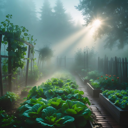 A serene vegetable garden bathed in the soft glow of early morning sunlight. Sunbeams pierce through a gentle mist, illuminating rows of lush green lettuce and cabbage in raised wooden beds. A brick pathway winds through the garden, bordered by a rustic wooden fence and various plants. The scene evokes a sense of peace and the promise of a bountiful harvest.の素材
