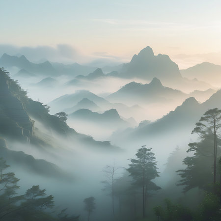 A serene and tranquil landscape featuring numerous layered mountain peaks partially obscured by soft mist and fog. The scene is bathed in the gentle light of dawn or sunrise, with a pale sky and subtle pastel colors. Trees, including pine trees, dot the slopes, and hints of terraced slopes are visible on the left, adding depth to the atmospheric and ethereal vista.の素材