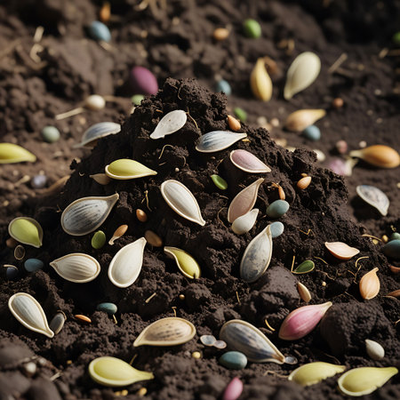 A close-up shot features a mound of dark, rich soil covered with a diverse assortment of seeds. The seeds are varied in color, including shades of pink, yellow, green, blue, and striped patterns, alongside natural beige and brown. Tiny green sprouts are visible on some seeds, hinting at germination. The lighting creates shadows and highlights, emphasizing the three-dimensional quality of the soil pile and the scattered seeds.の素材