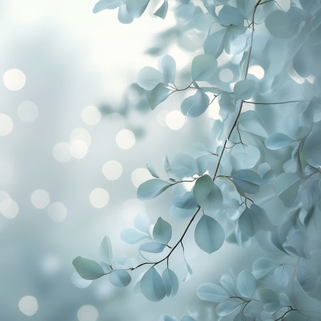 Serene showing pale blue leaves and bokeh lights in soft focus description: a close-up of pale blue leaves on thin branches, softly blurred and set against a background of luminous bokeh lights. the image has a dreamy, ethereal quality with a shallow depth of field. the cool color palette and gentle focus create a serene and calming visual. category: nature. High resolution image suitable for commercial use.の素材