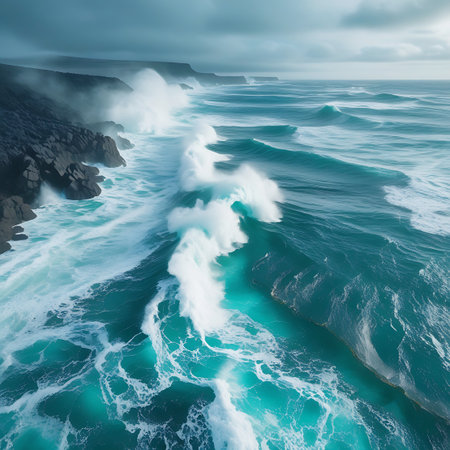 Powerful, turquoise ocean waves crash and surge against a rugged, dark rocky coastline. White foam and spray erupt as the water collides with the cliffs, creating a dynamic and dramatic seascape. The deep blue sea stretches towards a cloudy, atmospheric sky.の素材