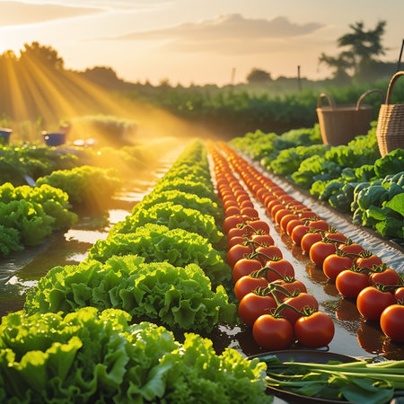 A vibrant farm field at sunrise, with neat rows of bright red tomatoes and lush green lettuce stretching into the distance. Golden sun rays pierce through the morning mist, illuminating the dew-covered plants and reflecting off the irrigation water on the ground. Woven baskets are visible in the background, hinting at the upcoming harvest.の素材