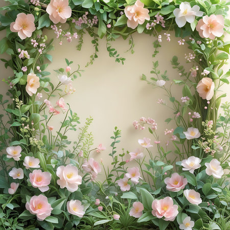 A frame of vibrant green leaves and a mix of soft pink and white blossoms encircles a light yellow background. The flowers, with their distinct petals and delicate structures, are interspersed with trailing green vines and smaller buds. The foliage is dense and forms a naturalistic border, creating a visually appealing and serene composition.の素材