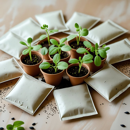 Several small potted green seedlings with vibrant leaves and thin stems are arranged in a cluster. They are nestled amongst numerous white, flat seed packets scattered on a textured, light-colored surface. Some loose soil and tiny black seeds are visible around the pots and packets, hinting at the gardening process.の素材