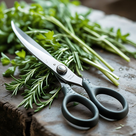 A pair of sharp kitchen scissors with dark gray handles rests on a rustic wooden surface. The blades of the scissors are positioned over a bed of fresh green herbs, including rosemary and parsley. Small water droplets are visible on the herb leaves and the scissor blades, suggesting they have been recently washed or misted.の素材