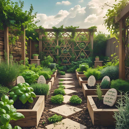 A charming garden path made of light-colored stepping stones winds through meticulously arranged raised garden beds. The beds are brimming with various green herbs and small plants. A wooden trellis structure stands in the background, adorned with greenery. The scene is illuminated by soft sunlight under a partly cloudy sky, conveying a sense of peace and abundance.の素材