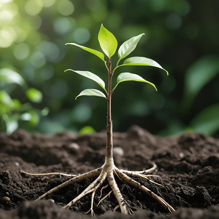 A small, healthy green plant with several leaves and a prominent, exposed root system is planted in dark, crumbly soil. The intricate network of roots is clearly visible, extending into the earth. The background features a soft bokeh effect of green foliage and dappled sunlight, highlighting the plant's growth.の素材