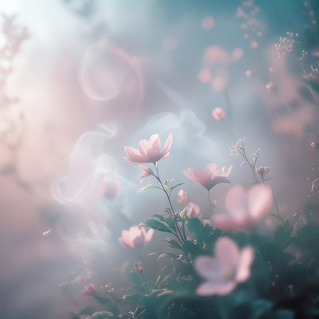 A close-up, soft-focus view of delicate pink cosmos flowers in a garden setting. Ethereal wisps of smoke or mist drift through the scene, creating a dreamy and atmospheric effect. Soft bokeh lights add to the magical and tranquil ambiance. The image features green foliage and a pastel color palette of pink, white, and soft blues and greens.の素材