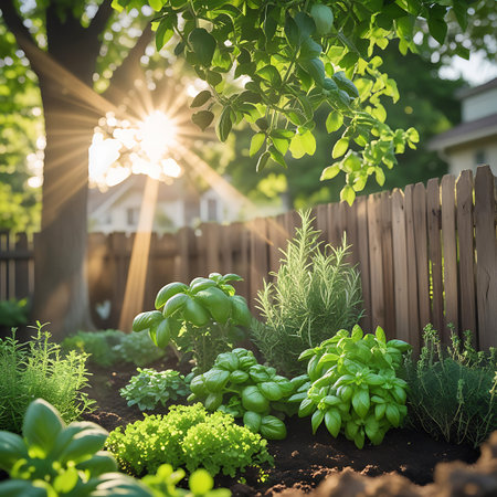 A detailed view of a thriving herb garden, with sunlight creating a strong sunburst effect and casting visible rays through the leaves. Prominent basil and rosemary plants are in focus, set against a backdrop of a wooden fence and a residential house.の素材