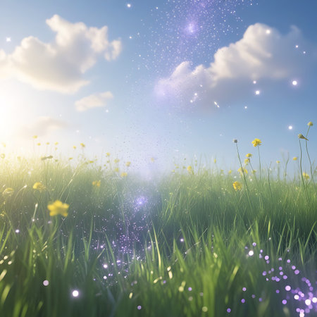 A shimmering trail of stardust descends from a bright blue sky with white clouds, illuminating a vibrant green meadow. Dew drops glisten on the grass and small yellow flowers. The scene is bathed in soft sunlight, creating a dreamy and magical ambiance with scattered sparkles throughout.の素材