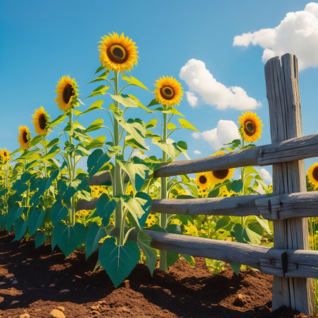 This image captures a line of tall sunflowers with striking yellow petals and dark centers, positioned alongside a rustic, weathered wooden fence. The sunflowers are in full bloom, with lush green leaves and robust stems. The scene is set against a bright blue sky filled with soft white clouds, and the ground is dark soil.の素材