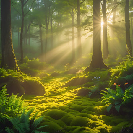 A winding forest path, carpeted in bright green moss, is bathed in the warm glow of sunbeams filtering through the trees. Lush ferns and verdant foliage flank the trail, adding depth and texture to the scene. The light creates a sense of wonder and tranquility, inviting exploration into the heart of the woods.の素材