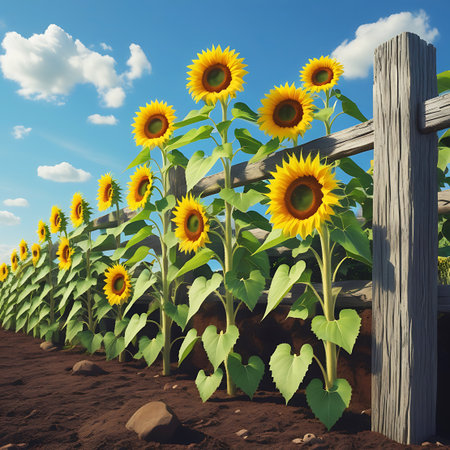 A row of tall sunflowers with bright yellow petals and dark centers stands beside a weathered wooden fence. The sunflowers have prominent green leaves and thick stems. The background features a blue sky with scattered white clouds, and the ground is dark soil with a few scattered rocks.の素材