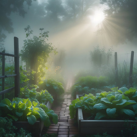 A tranquil vegetable garden awakens with the morning sun. Rays of light stream through a soft mist, highlighting the vibrant green of lettuce and cabbage growing in raised beds. A brick pathway leads the eye through the garden, flanked by greenery and the silhouettes of trees in the background. The atmosphere is calm and refreshing, suggesting a healthy and productive space.の素材