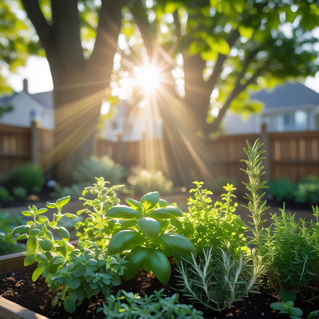 Golden sunbeams pierce through the lush green leaves of a large tree, casting a warm glow onto a raised garden bed filled with various herbs. In the foreground, vibrant green basil, rosemary, and oregano plants are thriving in dark soil. The sunlight creates a lens flare effect, highlighting the delicate textures of the leaves and the rich earth. The background shows a wooden fence and hints of residential buildings, suggesting a suburban garden setting.の素材