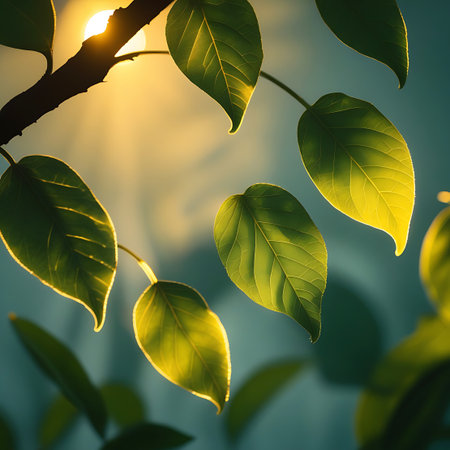 Close-up view of vibrant green leaves on a dark branch, illuminated by the bright sun. The sunlight shines through the translucent leaves, creating a glowing effect. The background is a soft teal color with subtle bokeh.の素材