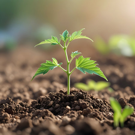 A close-up perspective of a tiny green plant with distinctly serrated leaves growing from dark, moist soil. The seedling is the central focus, with its delicate structure and vibrant green foliage. The background is softly blurred, with hints of sunlight and other greenery.の素材