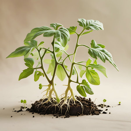 A young tomato seedling is presented with its visible, intricate root system emerging from a dark mound of soil. The plant has several bright green leaves and a delicate stem. Small sprouts are scattered around the base. The background is a plain, light-colored surface, emphasizing the plant's structure.の素材
