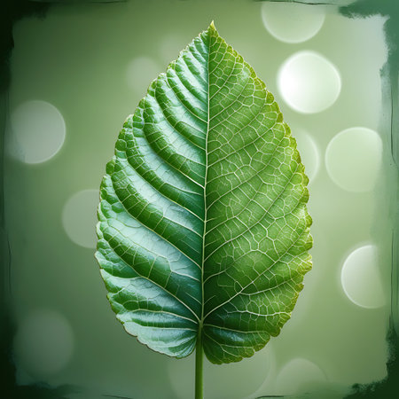 A detailed close-up of a green leaf with a prominent vein pattern and textured surface. The leaf is presented against a soft, blurred green background with circular bokeh lights. A decorative, textured border frames the entire image, adding an artistic touch to the natural subject.の素材