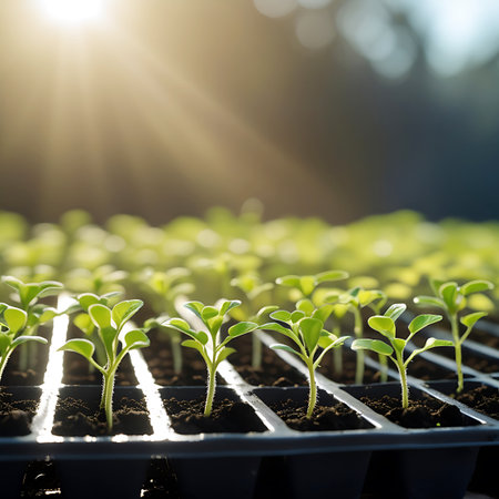 Close-up view of numerous young green seedlings with vibrant leaves and slender stems emerging from dark soil within a black seedling tray. Bright sunbeams pierce through the upper left, creating a luminous effect and highlighting the delicate plants. The background is softly blurred, focusing attention on the individual sprouts and their growth.の素材